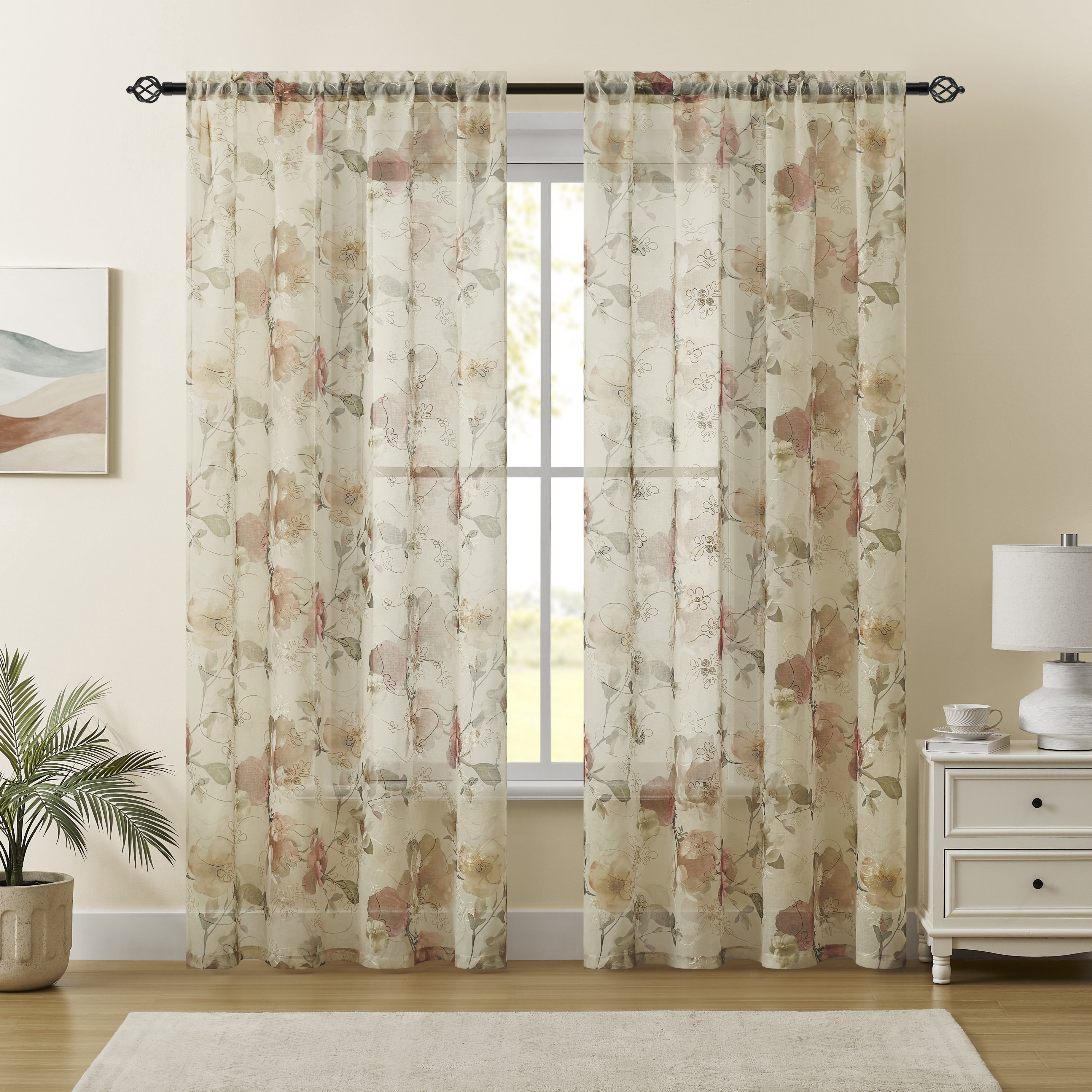 Muuphra Floral Printed&Embroidered Sheer Curtain Rod Pocket Voile curtain for Bedroom Livingroom,2 Panels,Red,52×63"