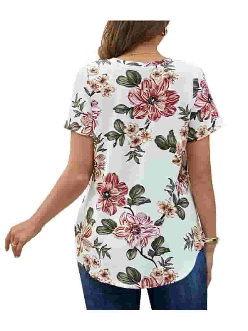 MOSHU Women's V-Neck Floral Print Plus-Size T-Shirt, Summer MOSHU Women's V-Neck Floral Print Plus-Size T-Shirt, Summer