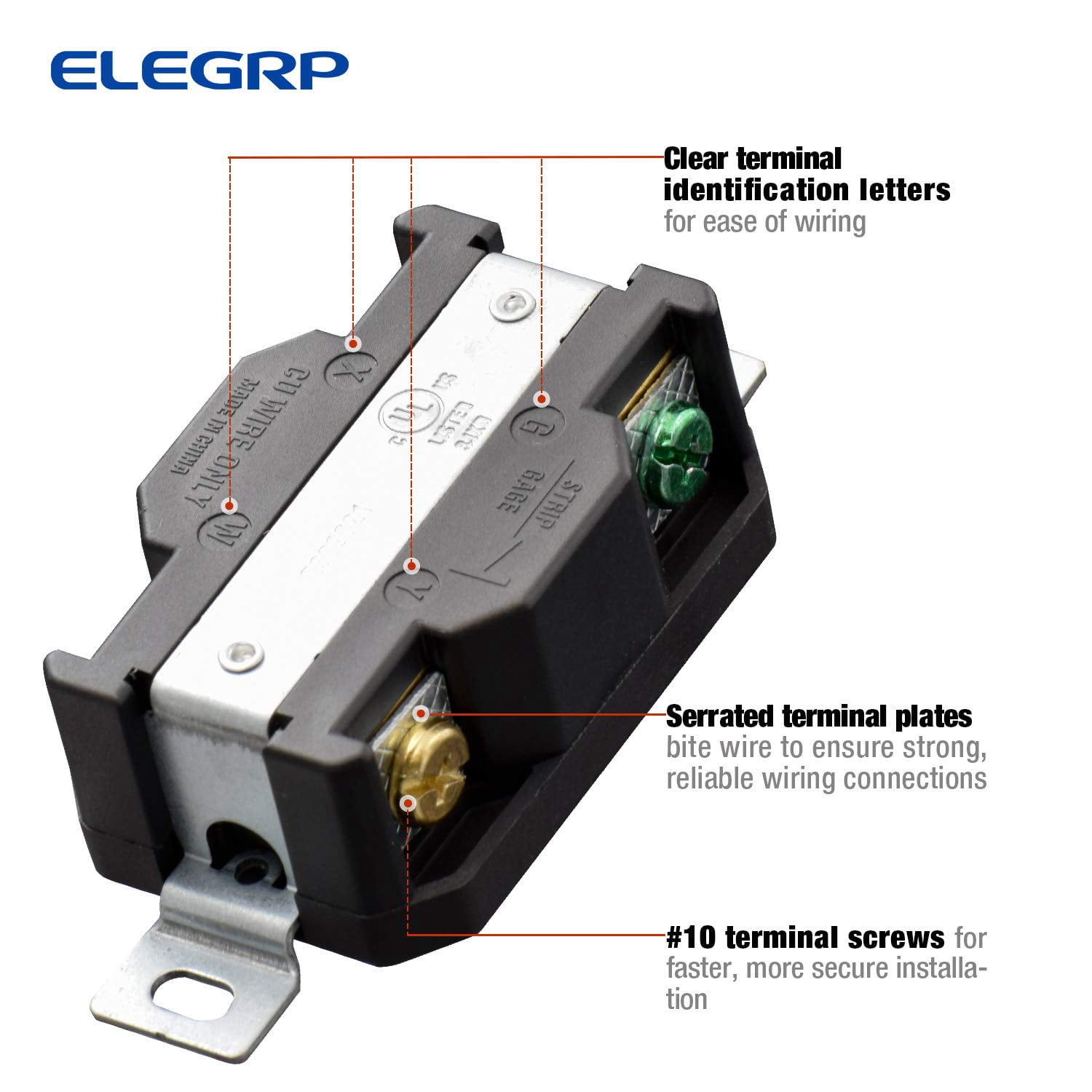 ELEGRP 30 Amp 125/250V NEMA L14-30R Locking Receptacle, Industrial Grade Grounding Twist Lock Outlet, Black