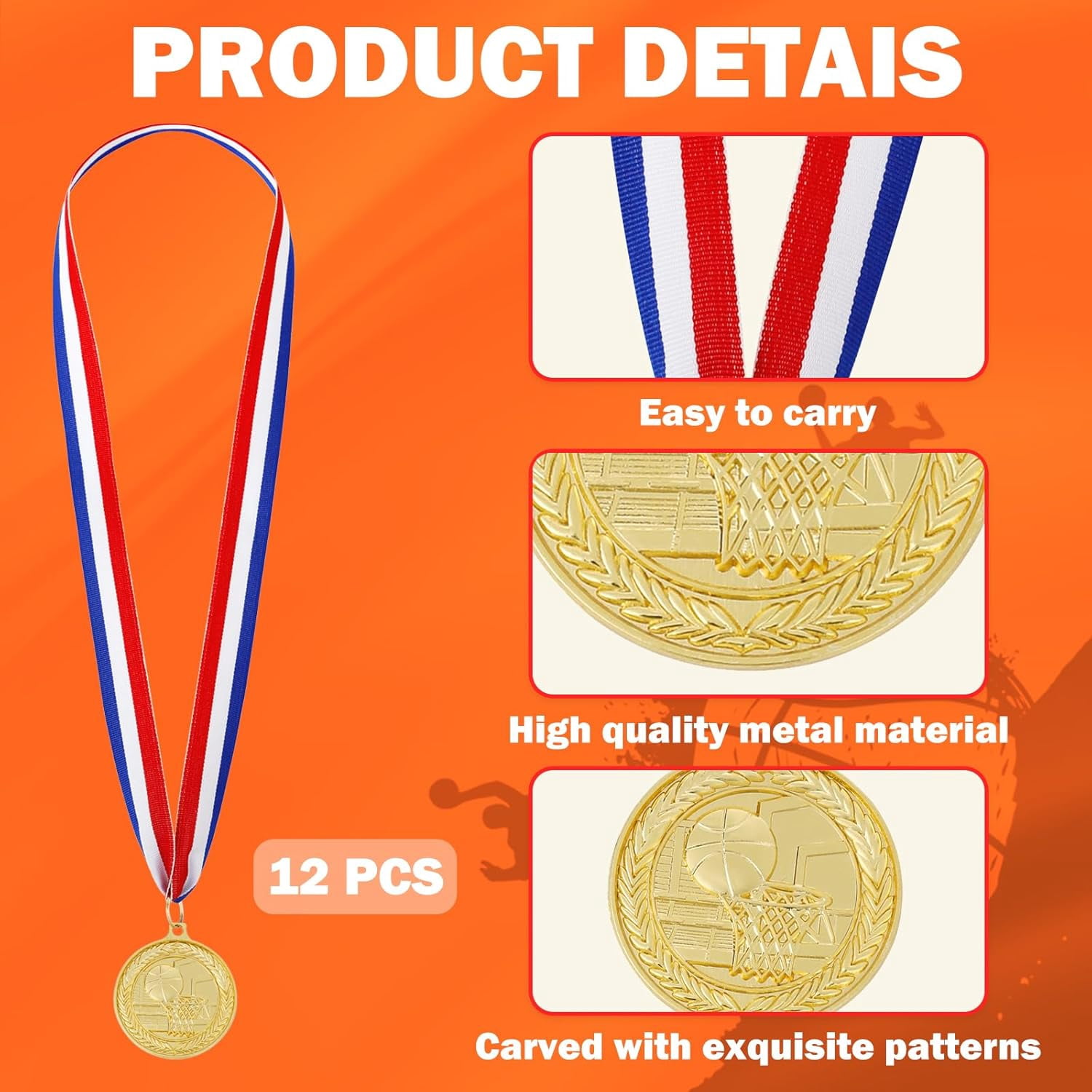 12 Pack Gold Award Medals 2inch Metal Sports Medals Team Participation for Adults Basketball Tournaments, Party Favors and Ceremonies$$Gift Supply & Awards