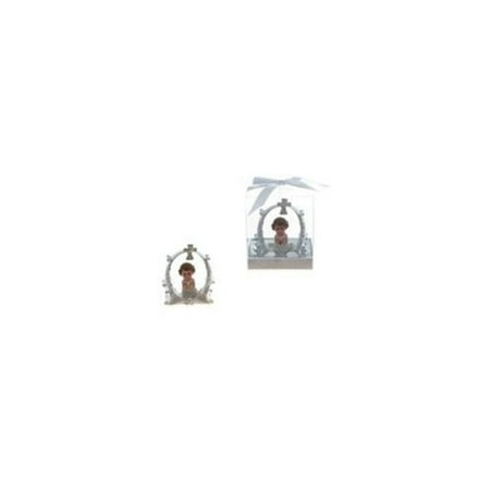 Toddler in White Praying Under a Cross Poly Resin