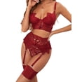 thumbnail image 2 of VISgogo Mujeres 3PCS Traje de lencería, Floral Lace Sling 3/4 Cup Bra, Mini G-String, Liguero de cintura alta, Hollow Bodydoll Suit VISgogo moda, 2 of 5