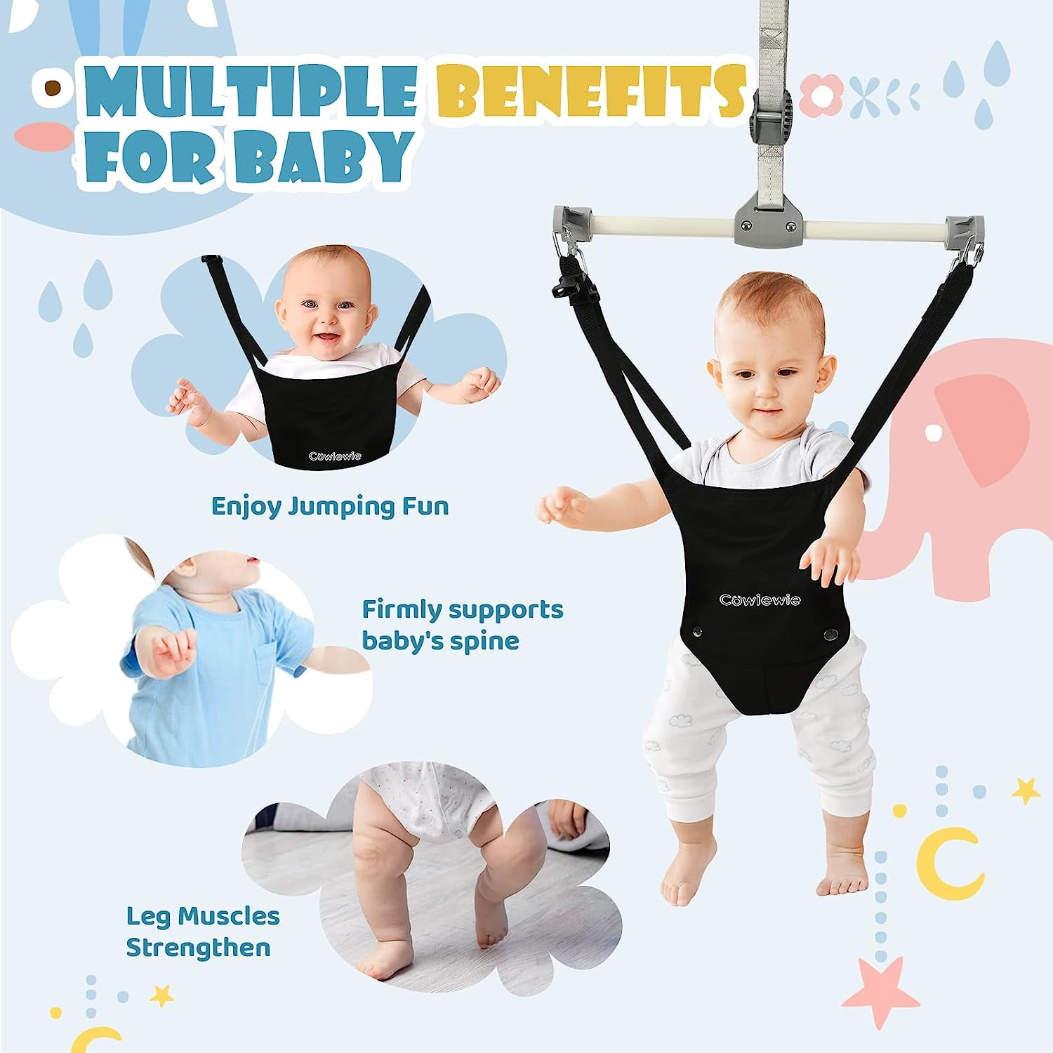 2 in 1 Baby Door Jumper, Adjustable Strap and Seat for 6-24 Months Infant Toddler, Foldable, Black