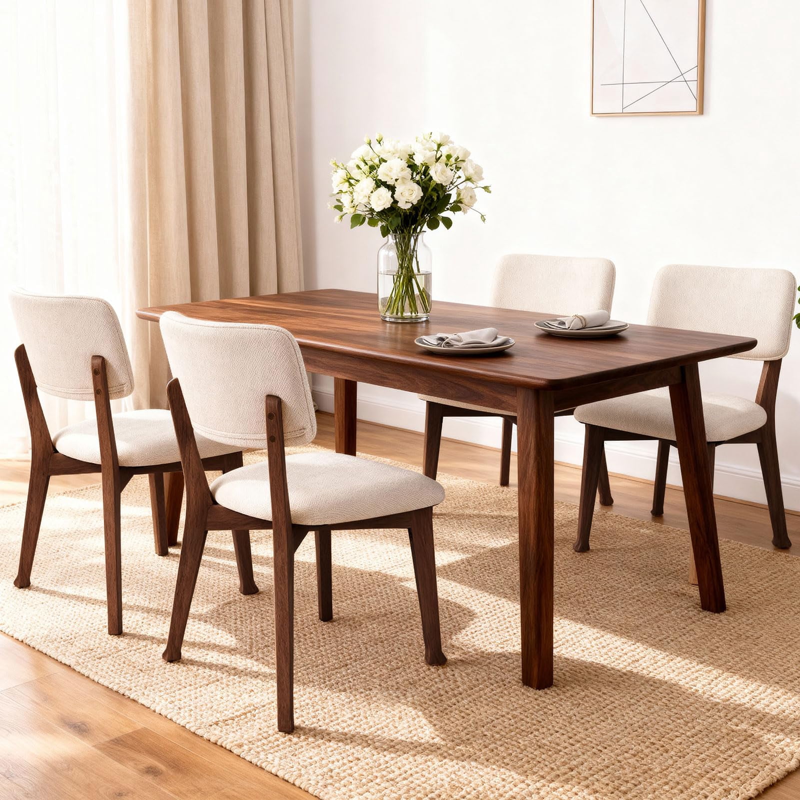 Wooden Dining Chairs Set of 2, Fabric Upholstered Kitchen Chairs with Curved Backrest, 300LBS Capacity