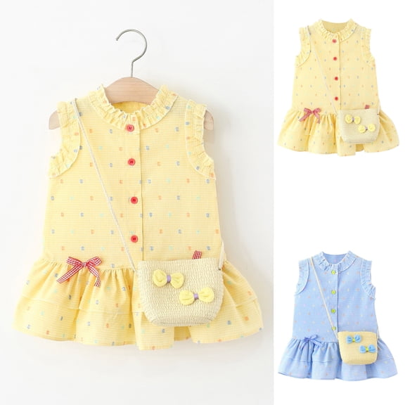 THDHVS Little Girl Dresses,Gingham and Polka Dot Print Dress with Ruffle Hem and Purse for Girls Matching Play Set Outfit,Girls Party Dress Blue
