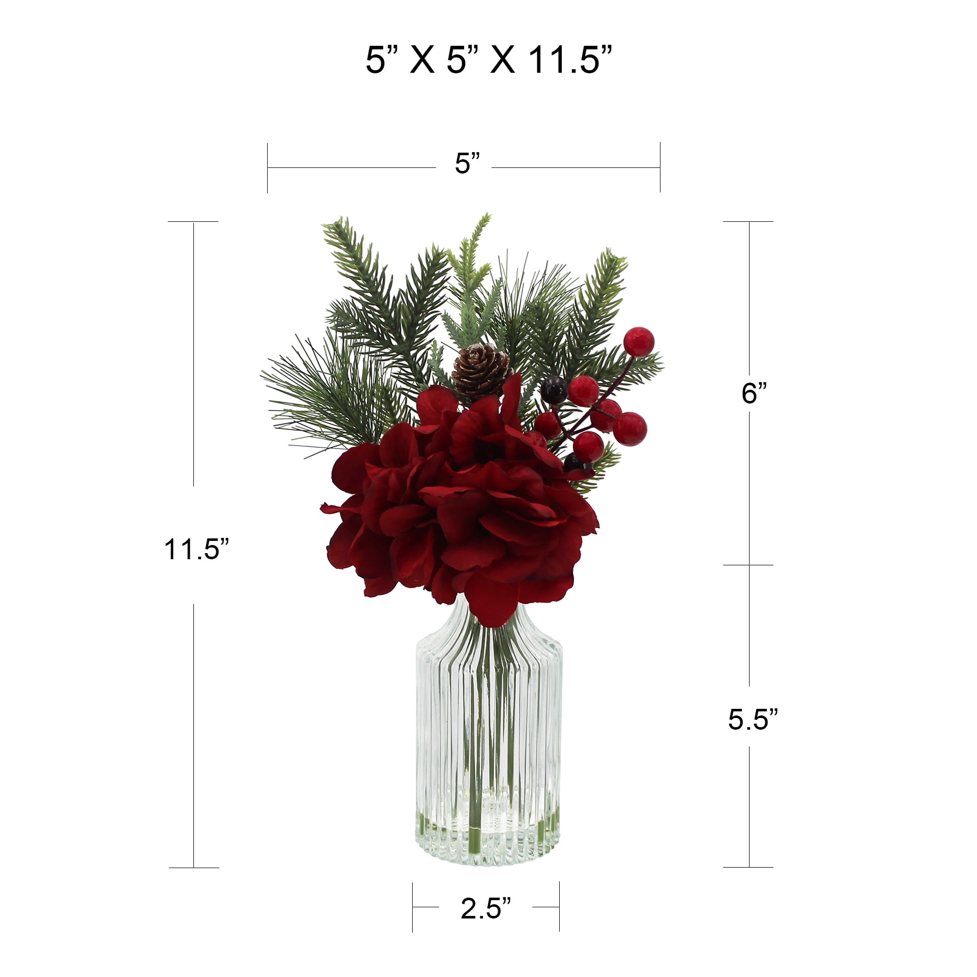 Mainstays 11.5" Decorative Tabletop Artificial Christmas Red Floral Hydrangea in Clear Ribbed Glass Vase