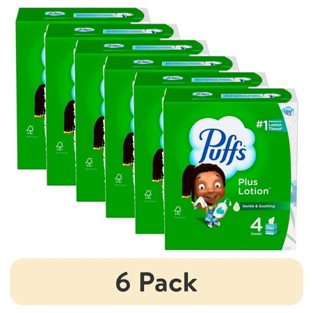 (6 pack) Puffs Plus Lotion Facial Tissue, 4 Cube Boxes, 72 Tissues Per Box