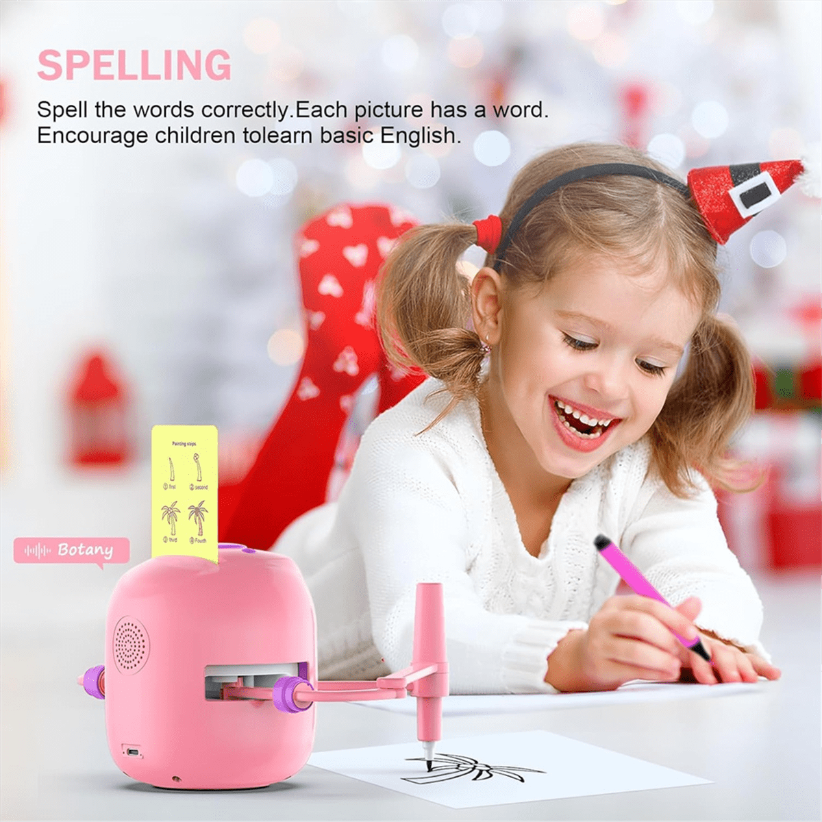 Children'S Intelligent Painting Robot, an Ideal Gift for Children over 5 Years Old,Pink,1 * drawing robot 16 * colored pens 100 * word cards,Pink