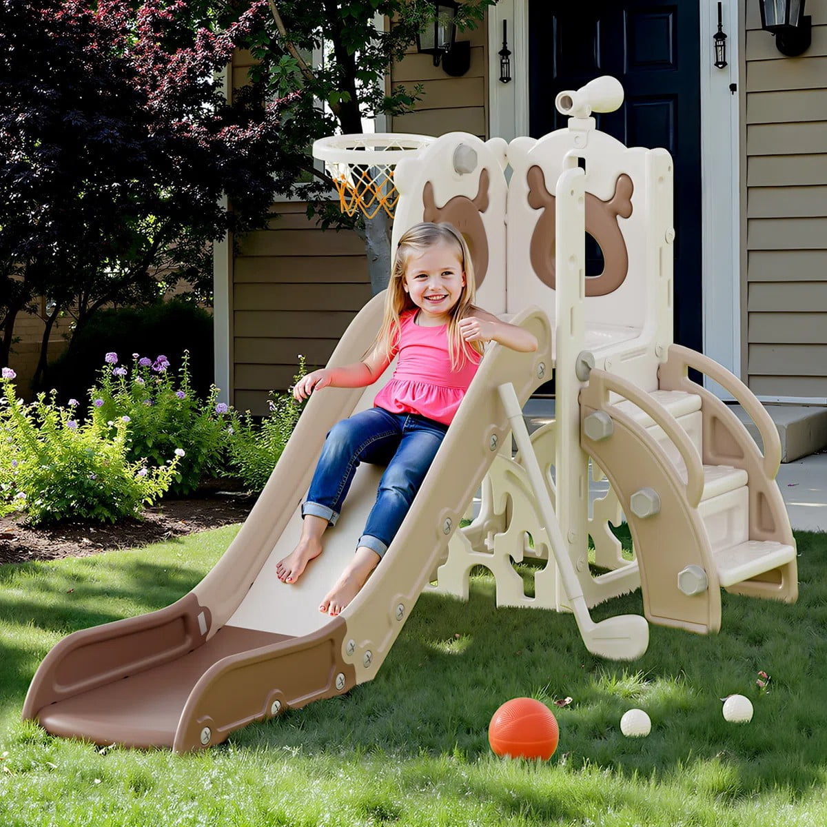 7 In1 Elk Toddler Slide, Kids Indoor Slide For Toddlers ,baby Slide For Indoor Outdoor With Basketball Hoop And Telescope, L Shaped Slide For Kids Toddler Slide Playset
