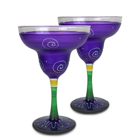 

Set of 2 Purple and Yellow Hand Painted Margarita Drinking Glasses 12 oz.