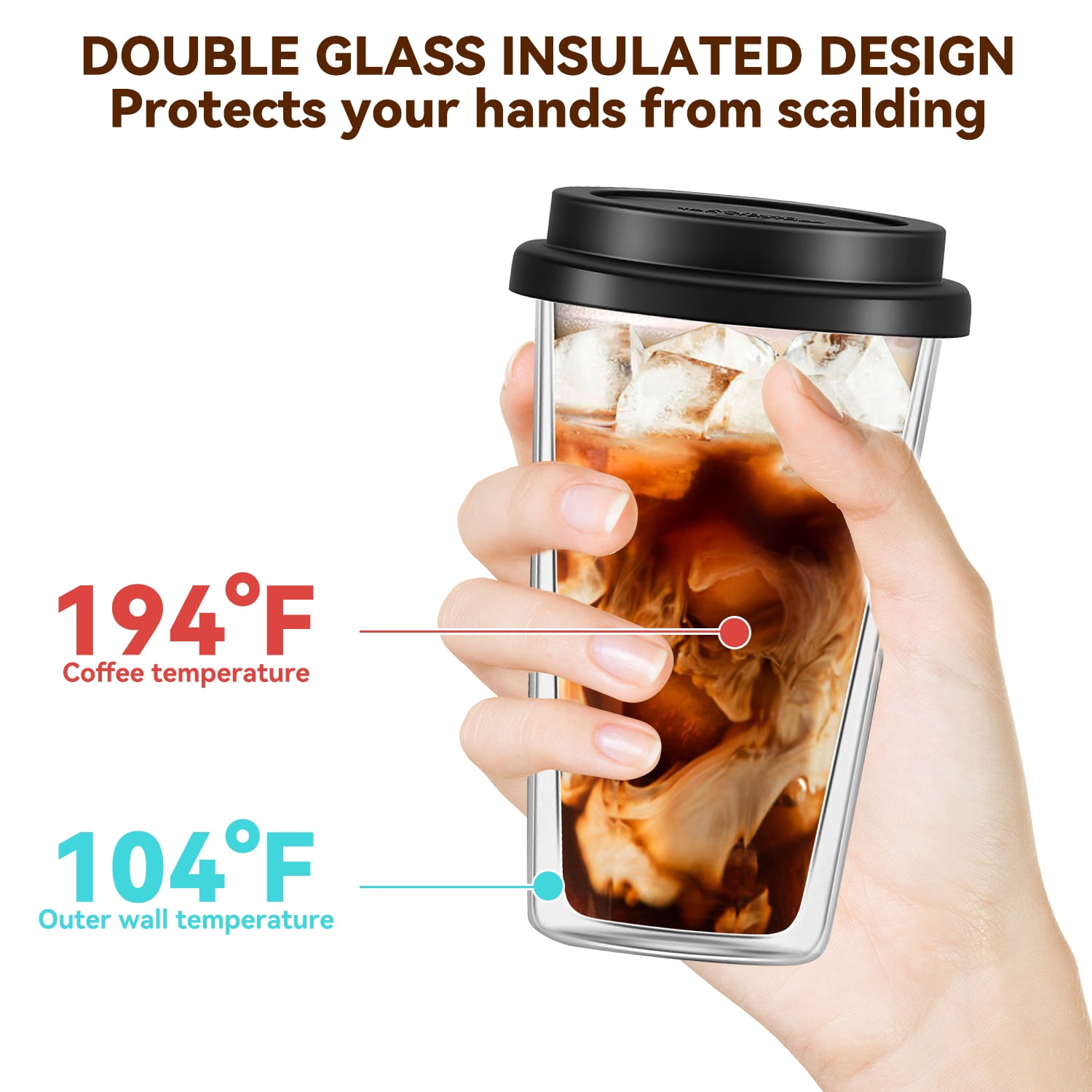 2 Piece 12oz Double Glass Coffee Mugs with Silicone Lid,Drinking Insulated Coffee Cups with Lid,clear,Dishwasher Safe Reusable
