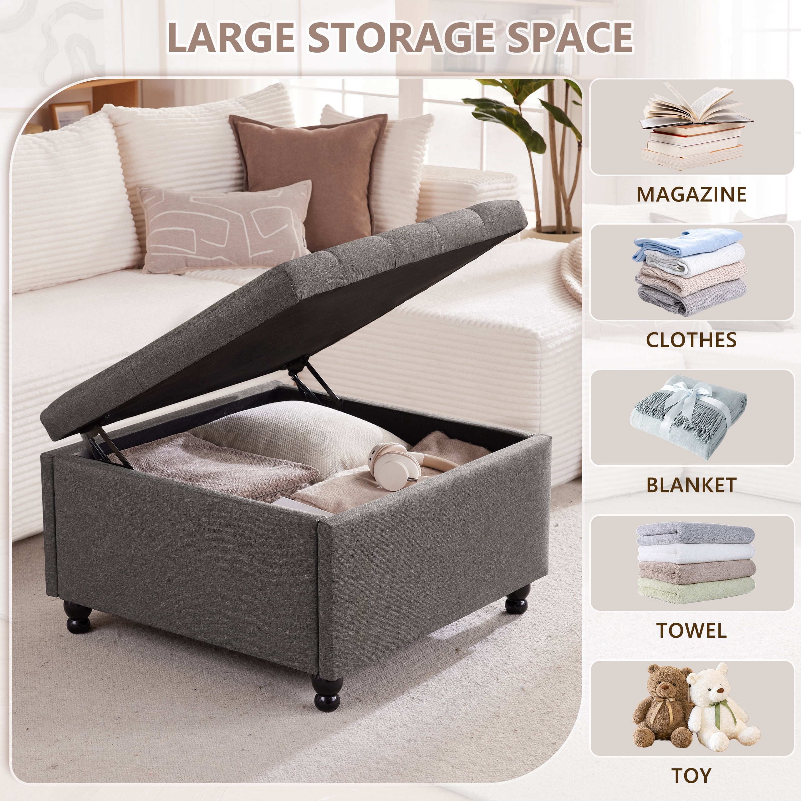 Weture 29.5-Inch Large Square Tufted Upholstered Storage Ottoman Coffee Table, Dark Grey