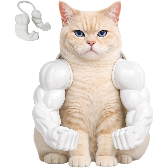 Cat Muscle Arms, Hilarious 3D Printed Shoulder Attachment, Lightweight Adjustable Comfy Pet Costume for Halloween Cosplay, Funny Photo Prop for Cats and Small Dogs (White)