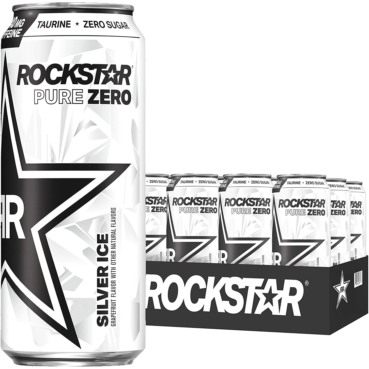 Rockstar Pure Zero Energy Drink, Silver Ice, 16oz Cans (12 Pack