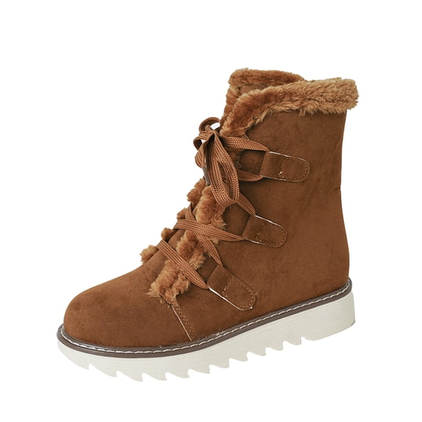 Zapatos de mujer de invierno, cálidos, de suela plana, suela gruesa, con cabeza redonda, con cordones, de color liso, botas gruesas, para correr, botas de vaquero