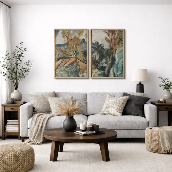 Framed Canvas Wall Art Set of 2 Abstract Country Landscape Prints for Living Room Decoration - 16"x24"x2 NATURAL