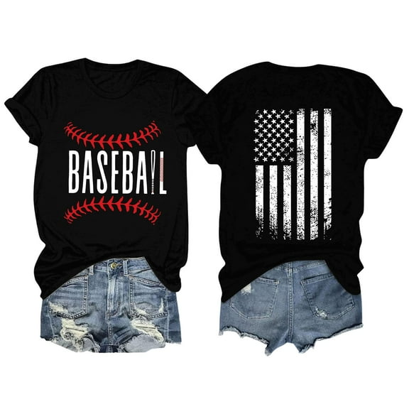 TODOZO Hot Sale!! Baseball Shirt for Women Baseball Mom Shirt Baseball Letter Graphic Tee Game Day Short Sleeve Tops American Flag Shirts for Women Black L