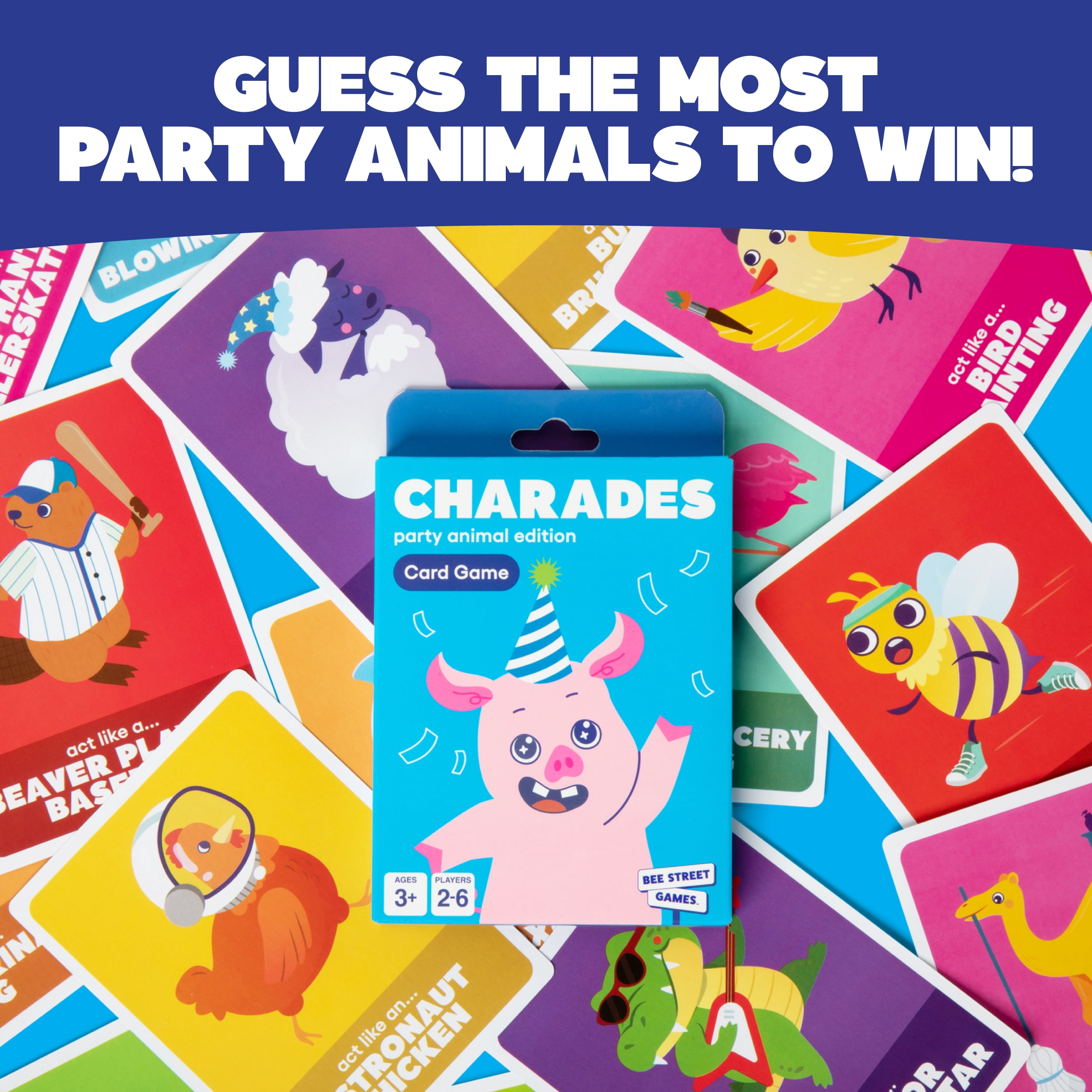 Charades, Party Animal Edition from Bee Street Games, Classic Family Games Reimagined with Playful Silly Themes, Includes 36 Jumbo Playing Cards.