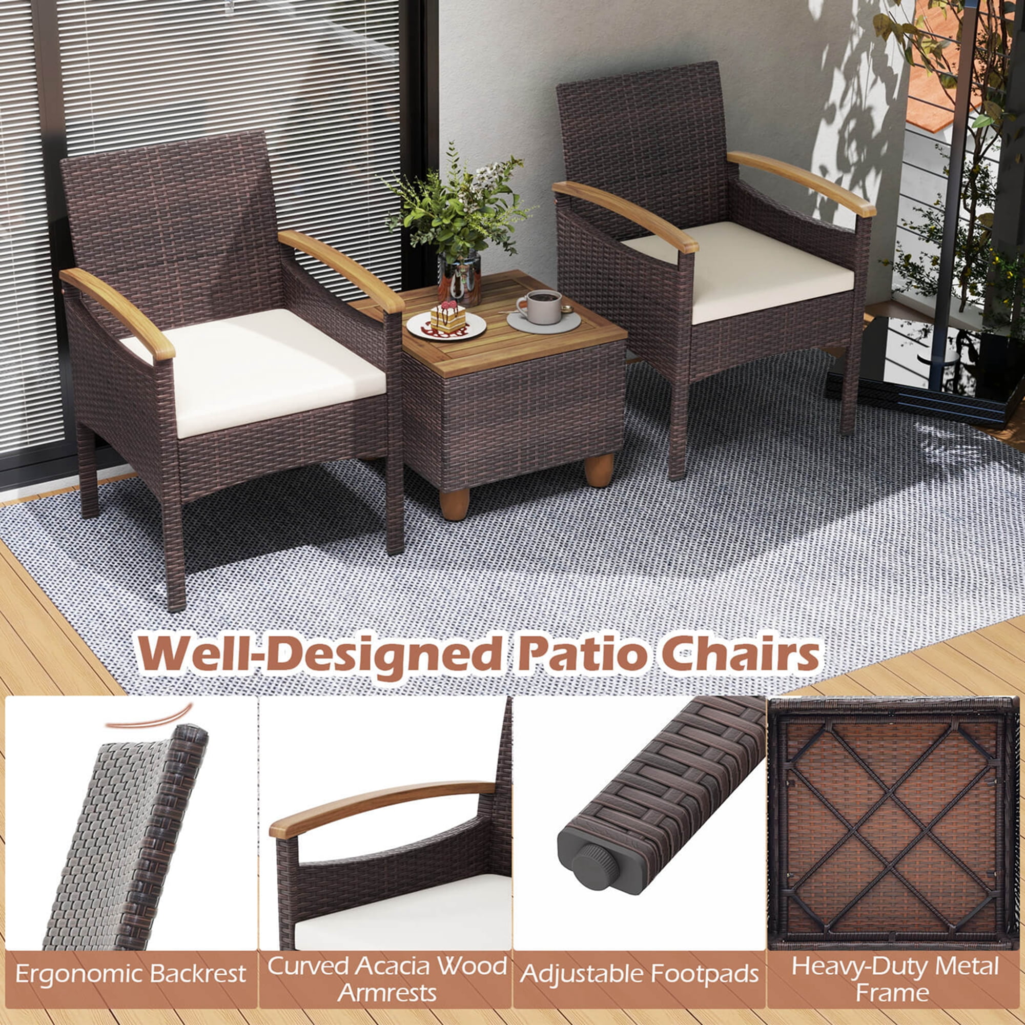 Costway Patio Dining Chairs Set of 2 with Acacia Wood Armrest Heavy Duty Metal Frame