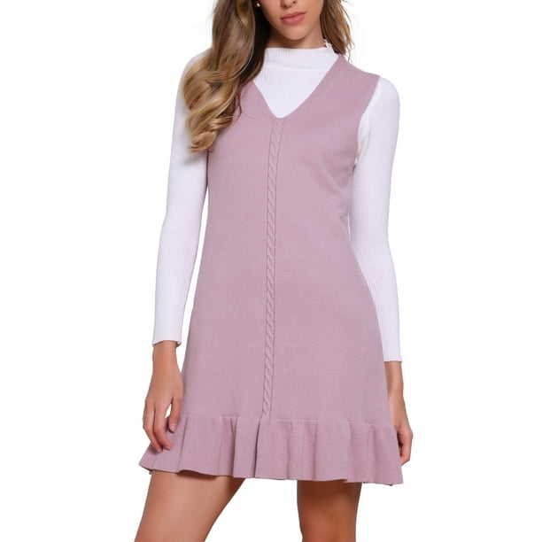 Vestido sin mangas de punto grueso con escote en V y dobladillo con volantes para mujer Inspire Chic en color rosa polvo