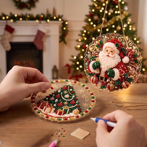 Vintage Santa Claus Diamond Painting Hanging Kit, DIY Full Round Rhinestone Art Plaque for Indoor Holiday Front Door Wall Ornament B