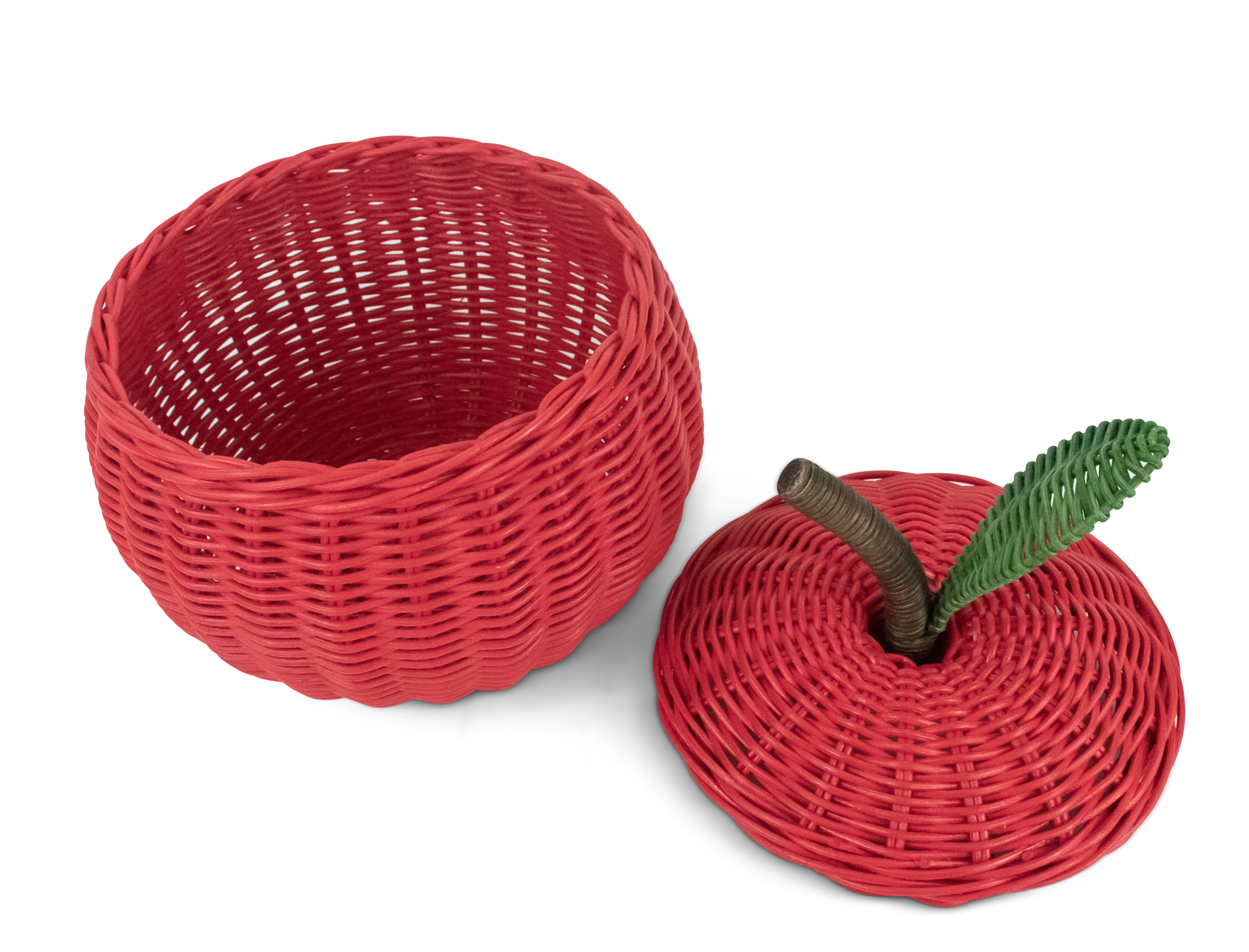 Hand Woven Apple Rattan Storage Basket with Lid Decorative Bin Home Decor Shelf Organizer Cute Handmade Handcrafted Gift Art Decoration Artwork Wicker Size: Medium - 10" tall x 8" Diameter