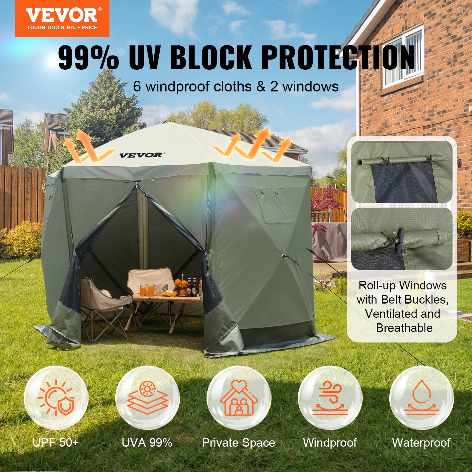 VEVOR Pop up Gazebo Tent, Pop-Up Screen Tent 6 Sided Canopy Sun Shelter with 6 Removable Privacy Wind Cloths & Mesh Windows, 10x10FT Quick Set Screen Tent with Mosquito Netting, Army Green