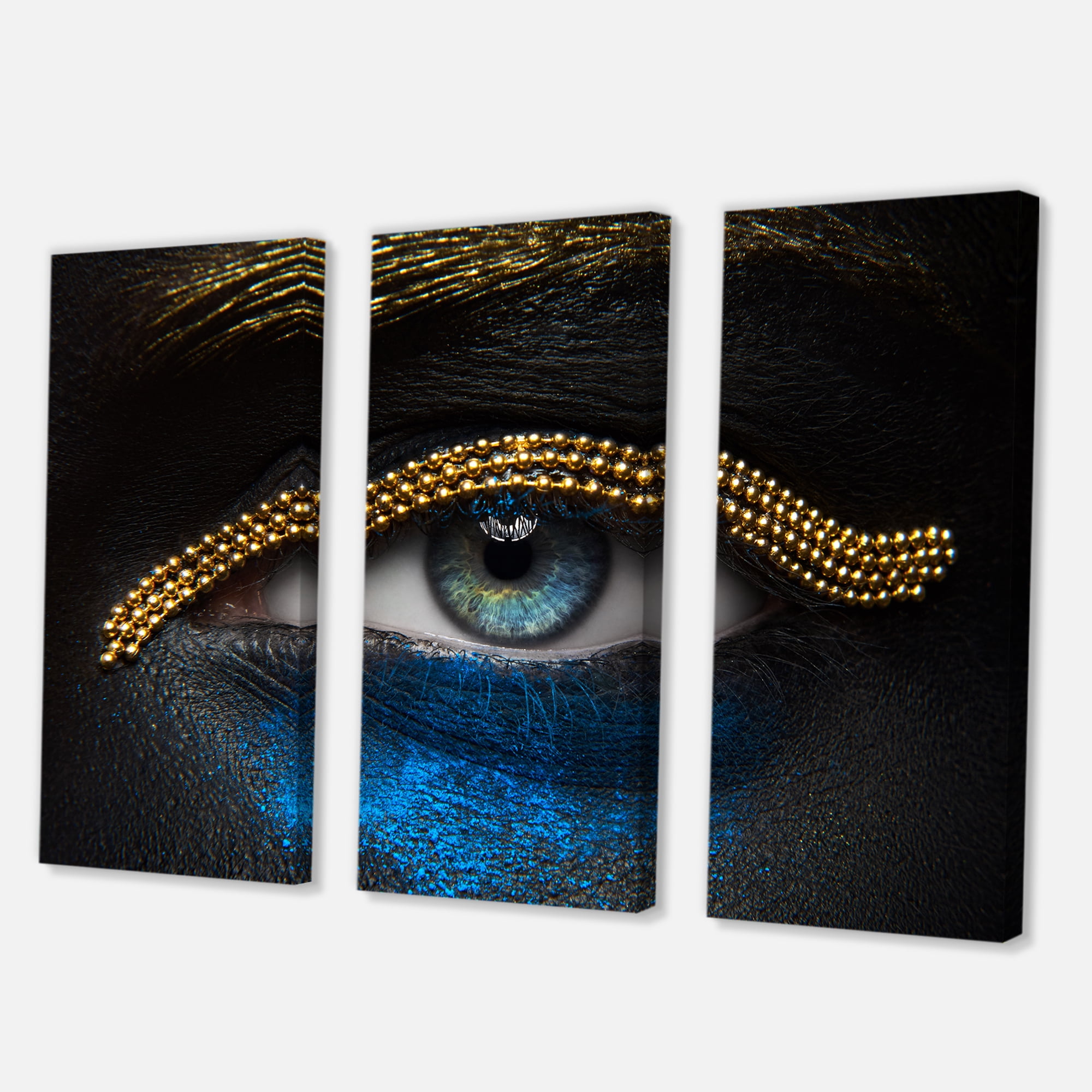 Designart ' Girl Eyes With Gold Chain and Blue Pigment ' Modern Canvas Wall Art Print