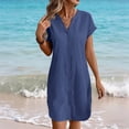 thumbnail image 3 of TAGOLD Womens Short Sleeve V-Neck Dress Linen Solid Color Loose Casual Dress For Summer Daily Wear, 3 of 5