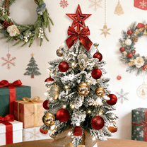 SDJPOI 22in Pre-Lit Artificial Mini Christmas Tree, Snowy Flocked Small Tabletop Christmas Tree with LED Light, Exquisite Xmas Pine Tree for Home Desk Indoor Decor