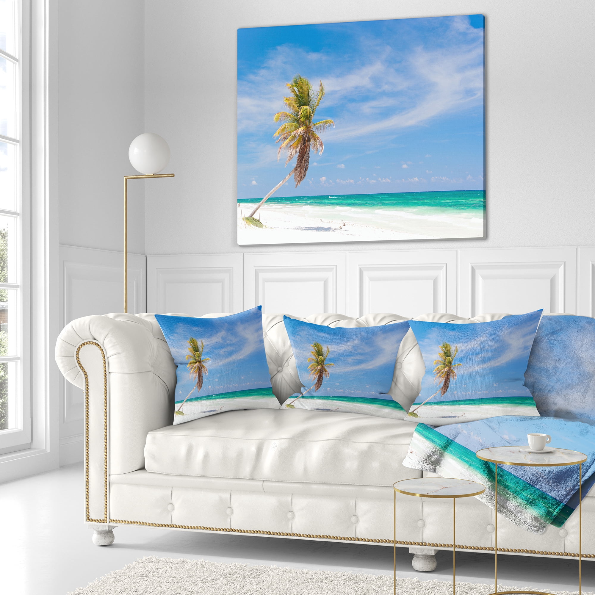 Designart Solitary Coconut Palm at Beach - Seashore Photo Throw Pillow - 18x18