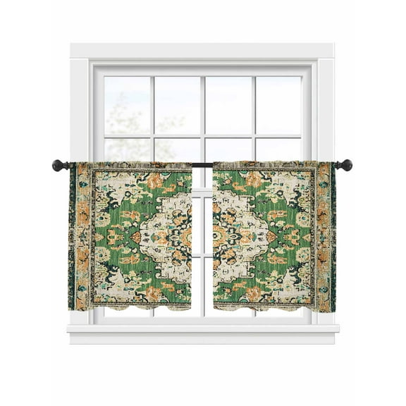 Green Boho Sheer Curtains 54 Inch Length 2 Panels Set, Semi Transparent Voile Rod Pocket Curtains for Living Dining Room Bedroom Drapes Farmhouse Tribal Vintage Tribal Texture