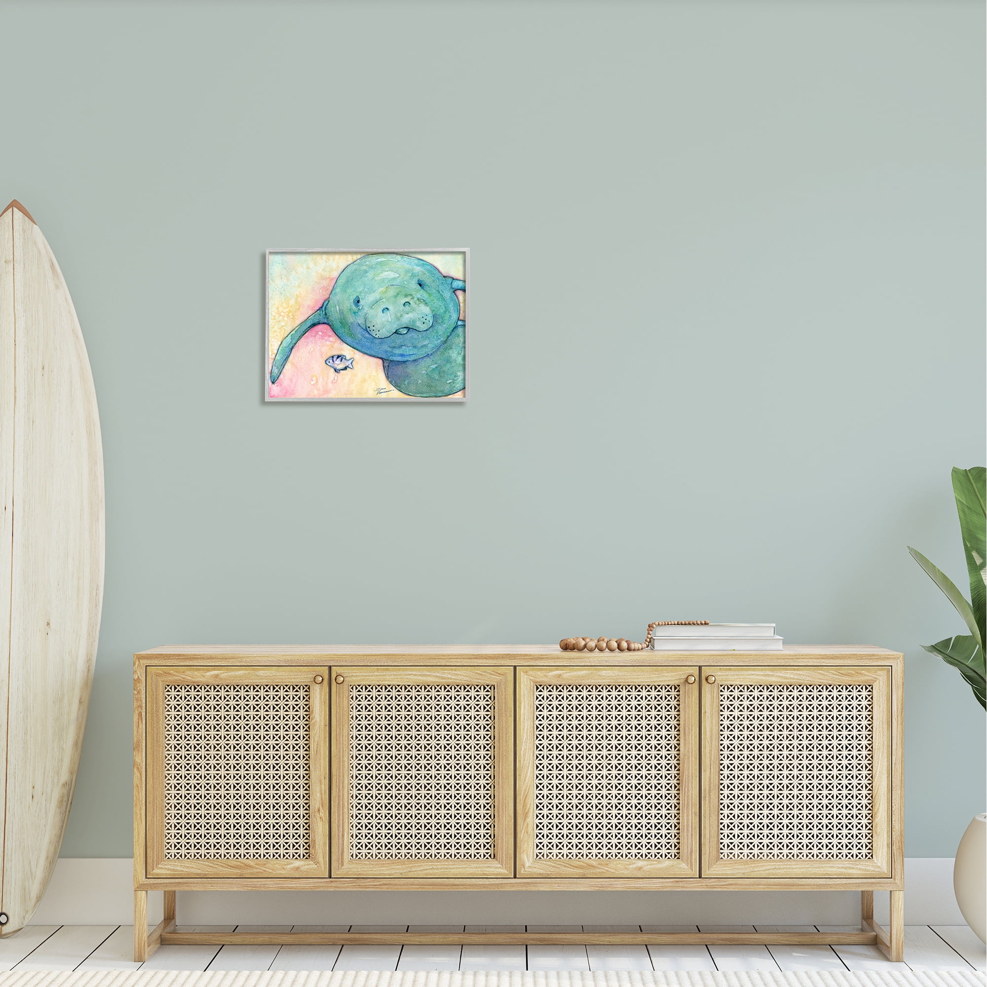 Stupell Industries Smiling Manatee Aquatic Wildlife Fish Rainbow Pattern Painting Gray Framed Art Print Wall Art, Design by Steve Vanderbosh