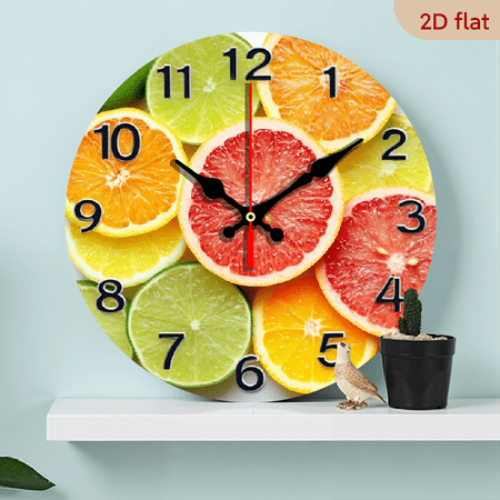 2D Flat 1pc 10Inch Modern Colorful Citrus Fruit Design Wall Clock, Silent Battery-Powered, Round Wooden Frame - Ideal Kitchen Decor for Food Lovers, Gift for Food Enthusiasts, Citrus Decor Vibrant