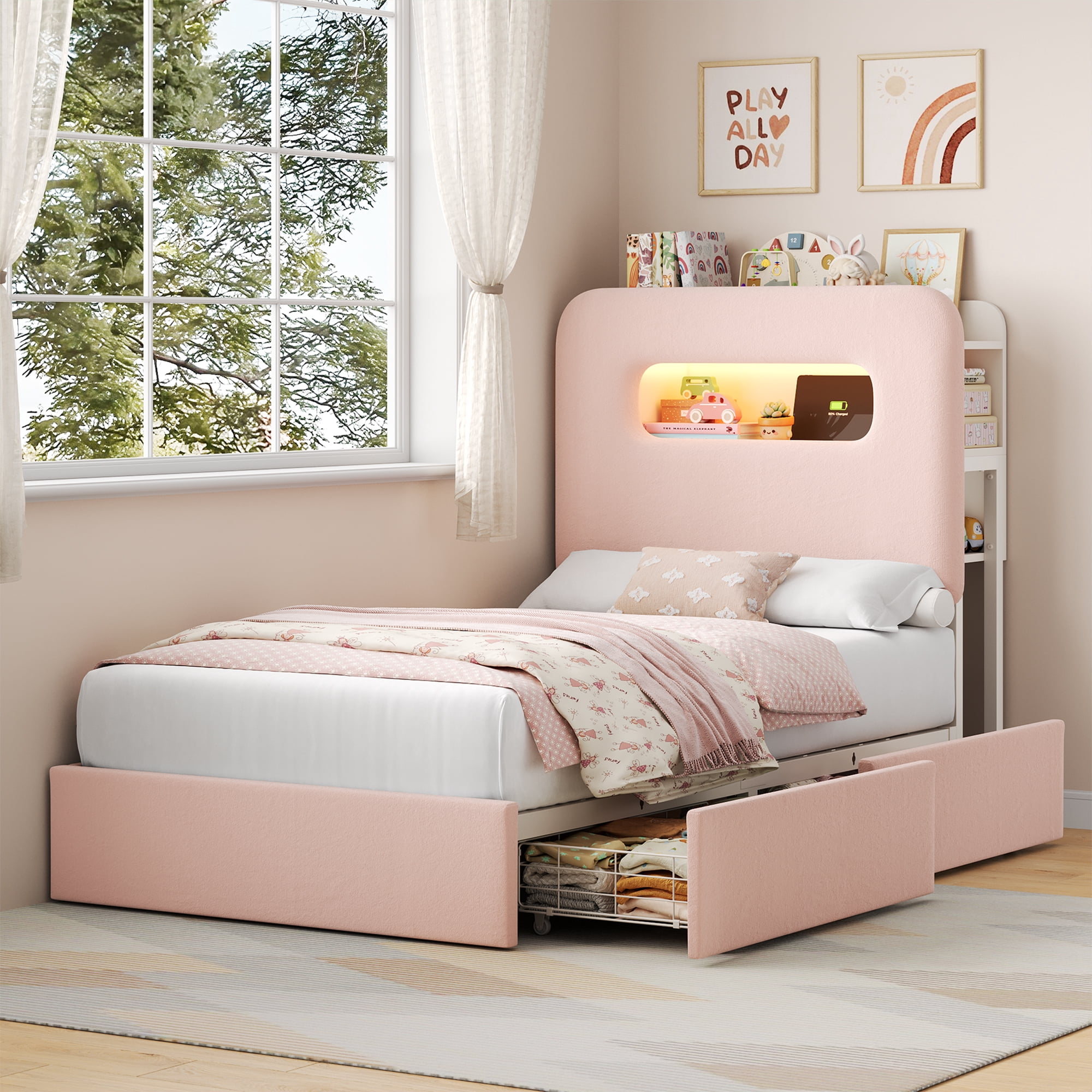 Homfa Twin Size Velvet Upholstered Bed with LED Lights & 2 Drawers, Storage Headboard Platform Bed Frame with USB Ports & Outlets, Pink