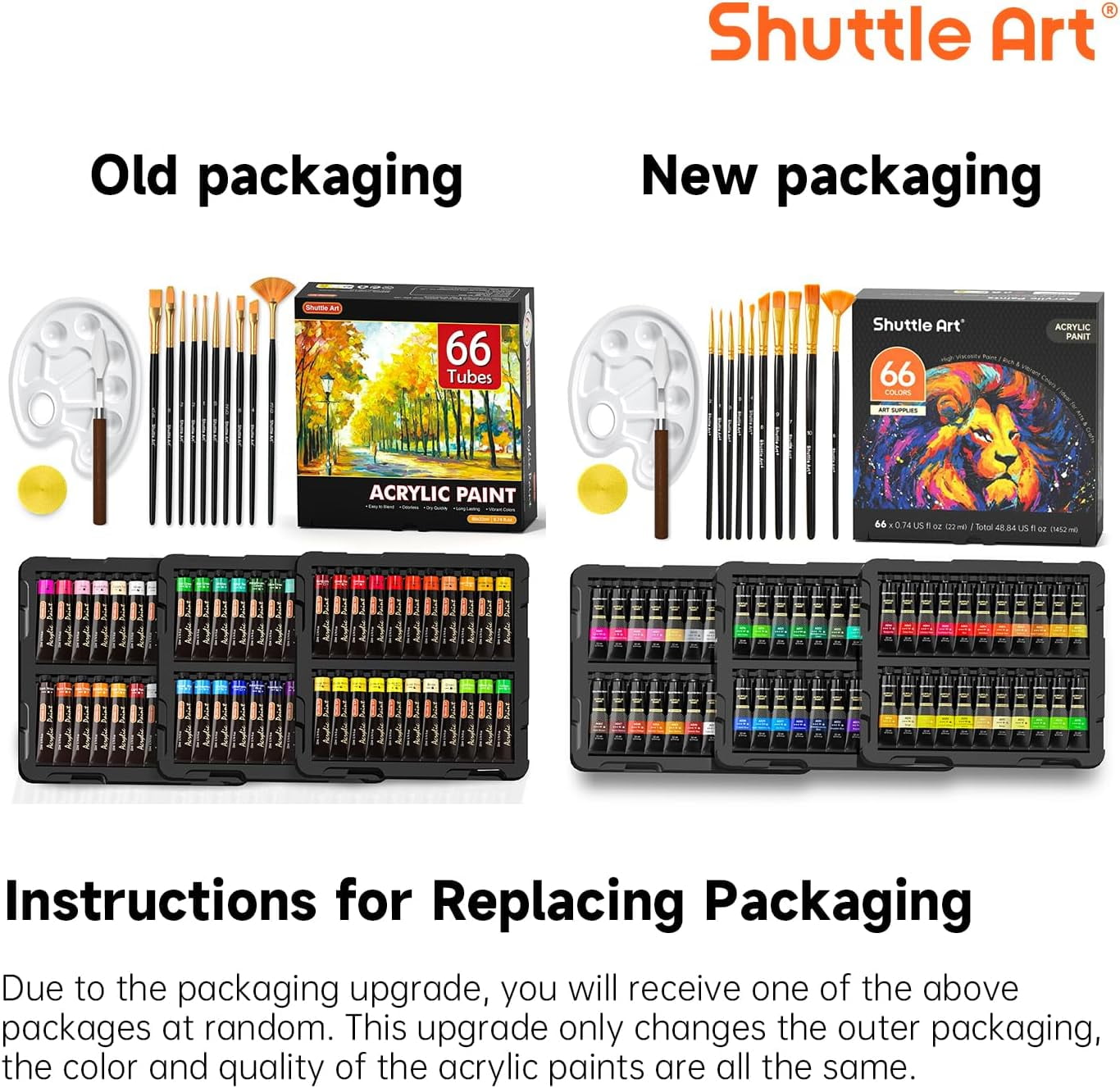 82 Pack Acrylic Paint Set, Shuttle Art 66 Colors Acrylic Paint with 10 Brushes, 22ml/0.74oz Tubes, Vibrant Colors,Painting Supplies for Kids, Adults Painting & Crafting on Canvas, Wood Ceramic