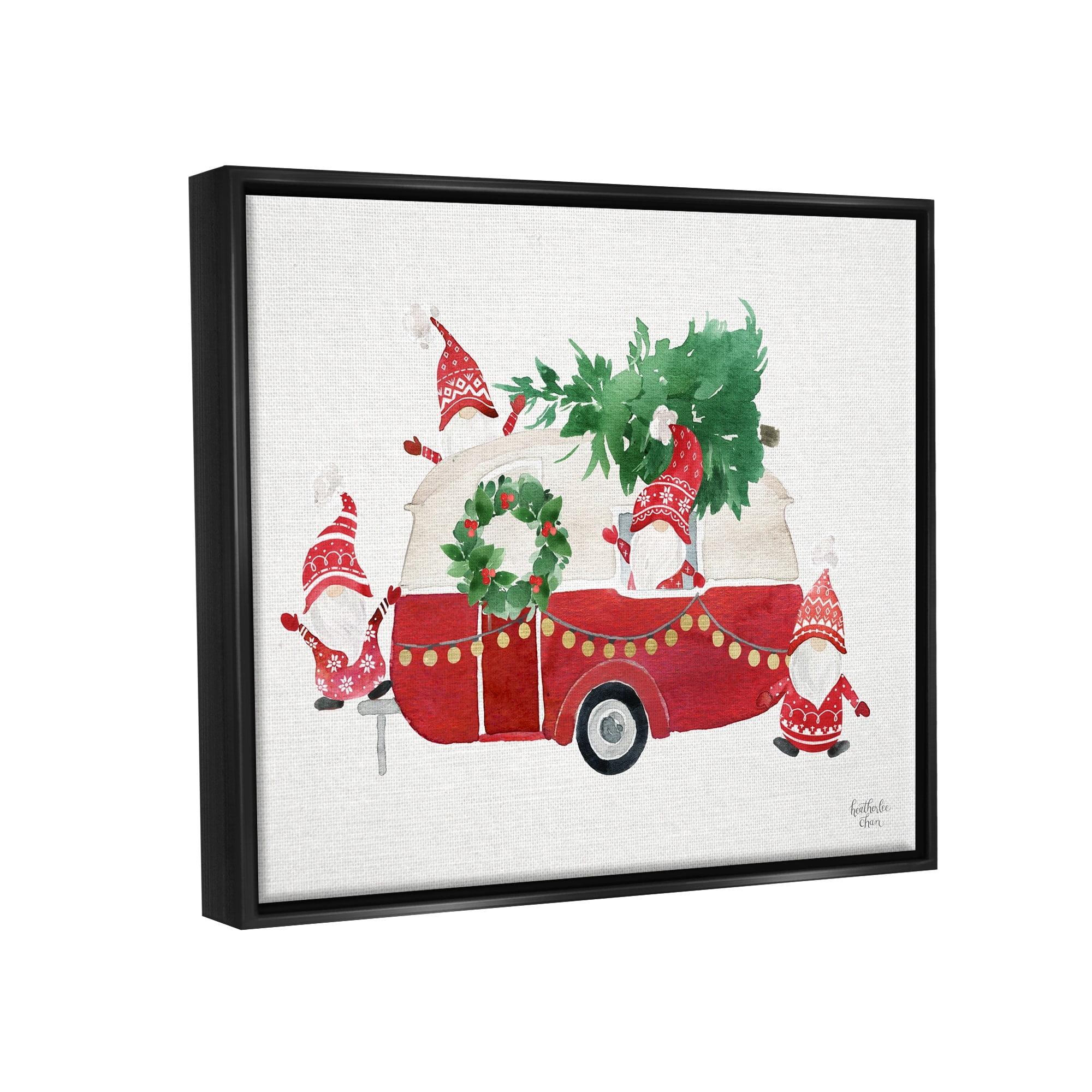 Stupell Industries Holiday Garden Gnomes Seasonal Holly Wreath Tree Painting Jet Black Floating Framed Canvas Print Wall Art, Design by Heatherlee Chan