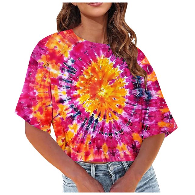 Posijego T-Shirts Teinture sur Nœuds Graphiques pour Femmes Été Décontracté Col Rond Manches Courtes Crop Tops