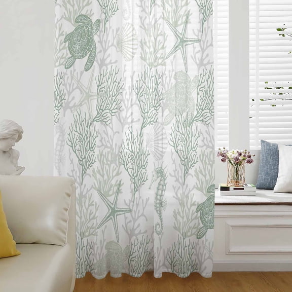 Green Coastal Semi Sheer Curtains Drapes for Living Room, Bedroom, French Doors Window 54 Inches Long, Sea Turtle Nautical Coral Summer Beach Rod Pocket Chiffon Curtain Drapery Voile Draperies Panel