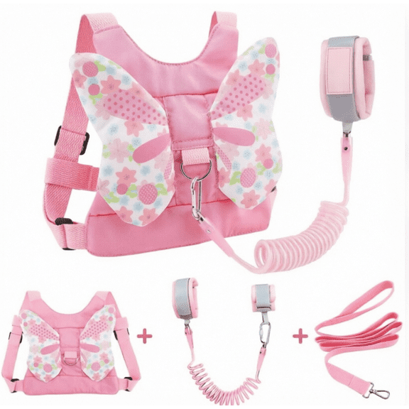 Anti Lost Toddler Harness - Butterfly Baby Leash and Wrist Link with Lock, Child Walking Harness Assistant for Girls, Cute Traction Safety Leash for Kids, Holiday Travel Christmas Gift, Pink