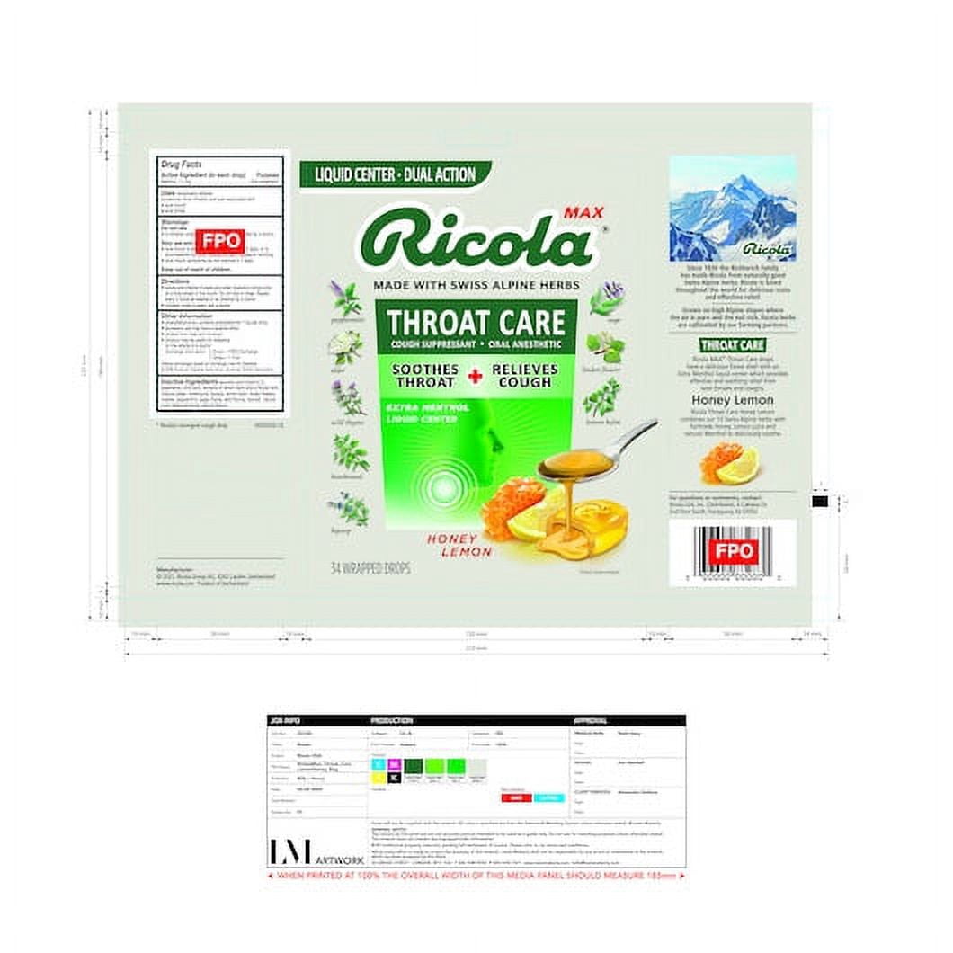 (Price/Case)Ricola 3000218 Max Honey Lemon Throat Care, 34 Count, 6 per box, 6 per case