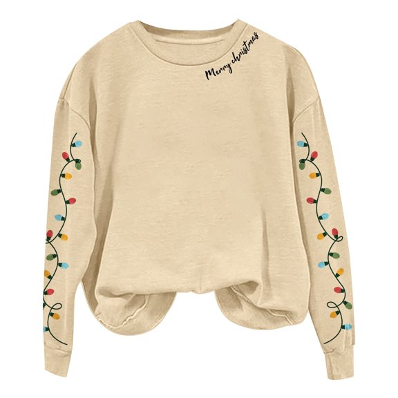 Gkeoshab Women Fall Clothes Women's Christmas Themed Print Crewneck Sweatshirt, Holiday Graphic Long Sleeve Pullover Without Hood for Cozy Seasonal Style and Festive Casual Wear Beige L