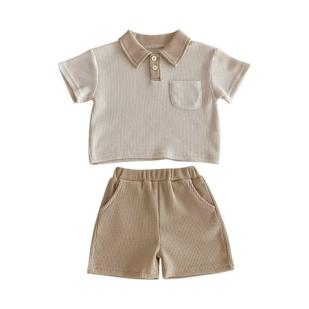 

Arnsht Newborn Baby Boy Clothes Waffle Knit Polo Shirt Romper Solid Color Button Up Short Sleeve Collared Bodysuit Outfit Khaki M