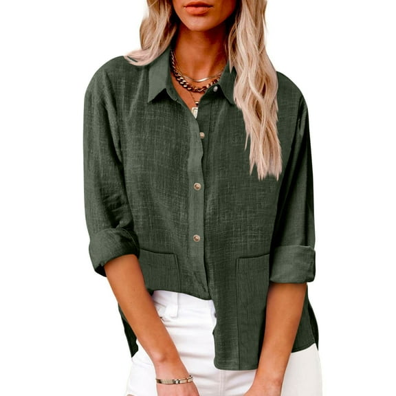 Busydd Shirts for Women Casual Long Sleeve Solid Color Button Down Shirts Trendy Turndown Collar Cotton Linen Shirt formal Dressy Blouses with Pockets S