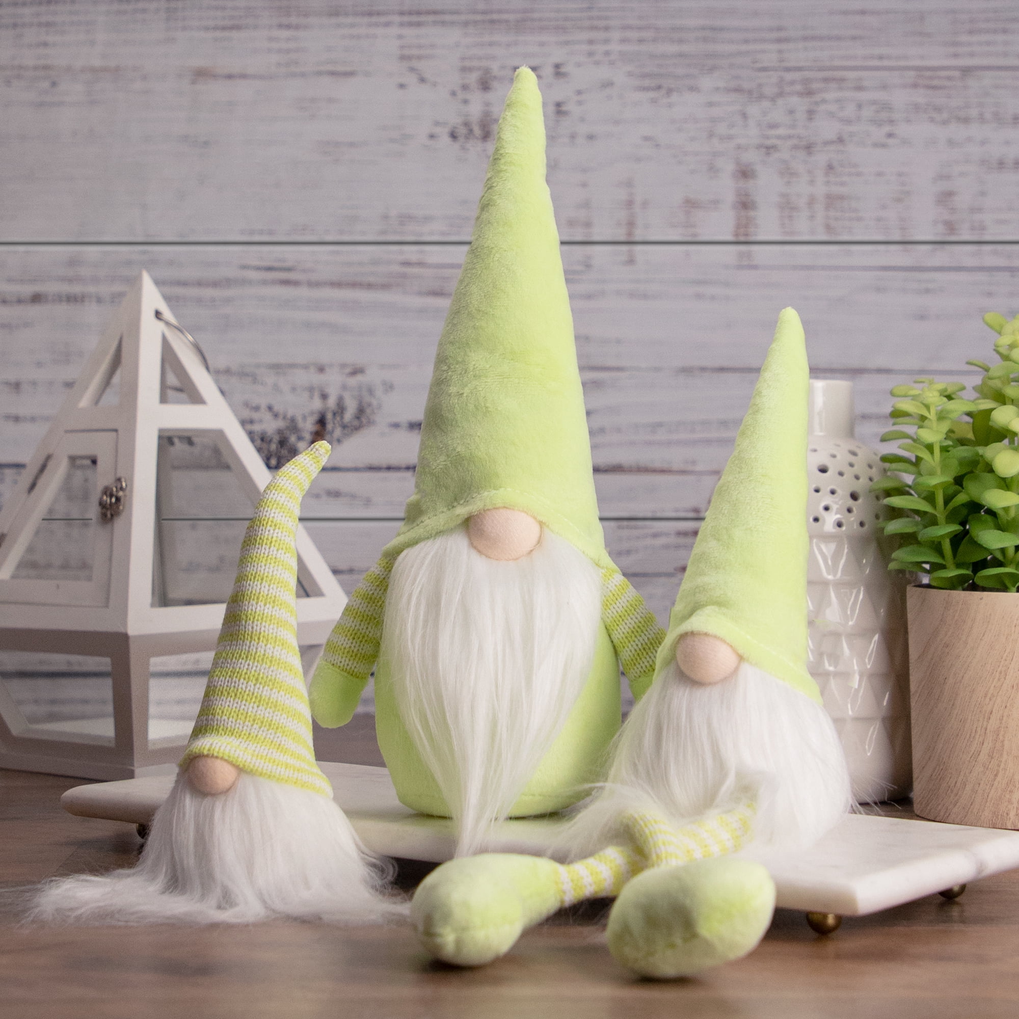 14.75" Large Lime Green and White Striped Gnome Spring Decoration