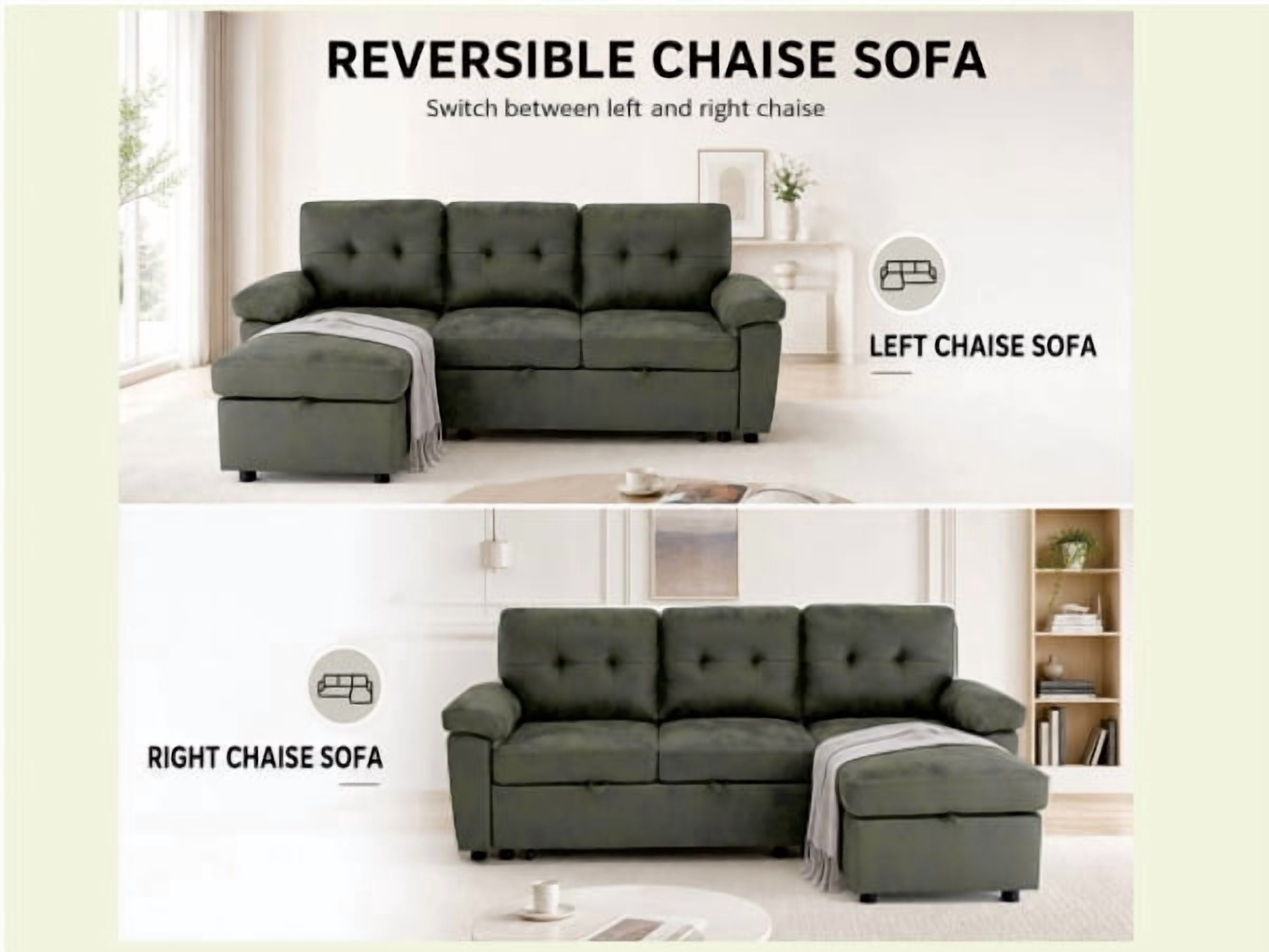 Garitin Sectional Sofa Bed and L Shaped Convertible Couch 88.5 Inch, Pull Out Sleeper with Storage Chaise for Living Room, Olive Green