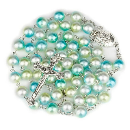 Graduated Glass Pearl Necklace KABOER Colorful Bead Glass Pearl Catholic Christian Cross Catholic Rosary Necklace Bracelet Jewelry Gifts ()