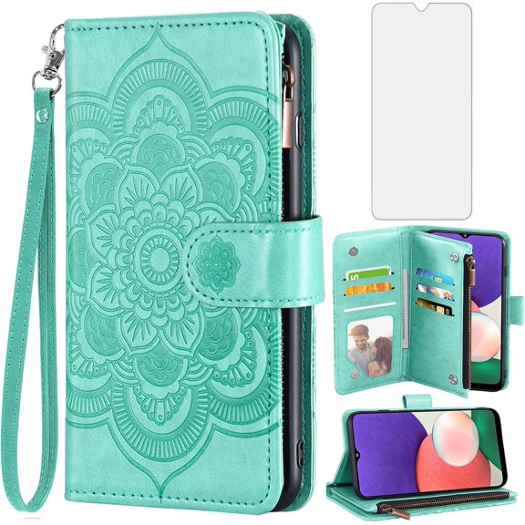 Phone Case for Samsung Galaxy A22 5G/Boost Mobile Celero 5G Wallet Cover with Tempered Glass Screen Protector and Flip Card Holder Cell Accessories Celero5G A 22 22A A22s G5 Women Men Green