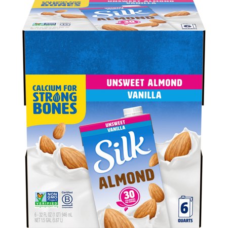 (Pack of 6) Silk Shelf-stable Unsweetened Vanilla Almondmilk, 1 Quart