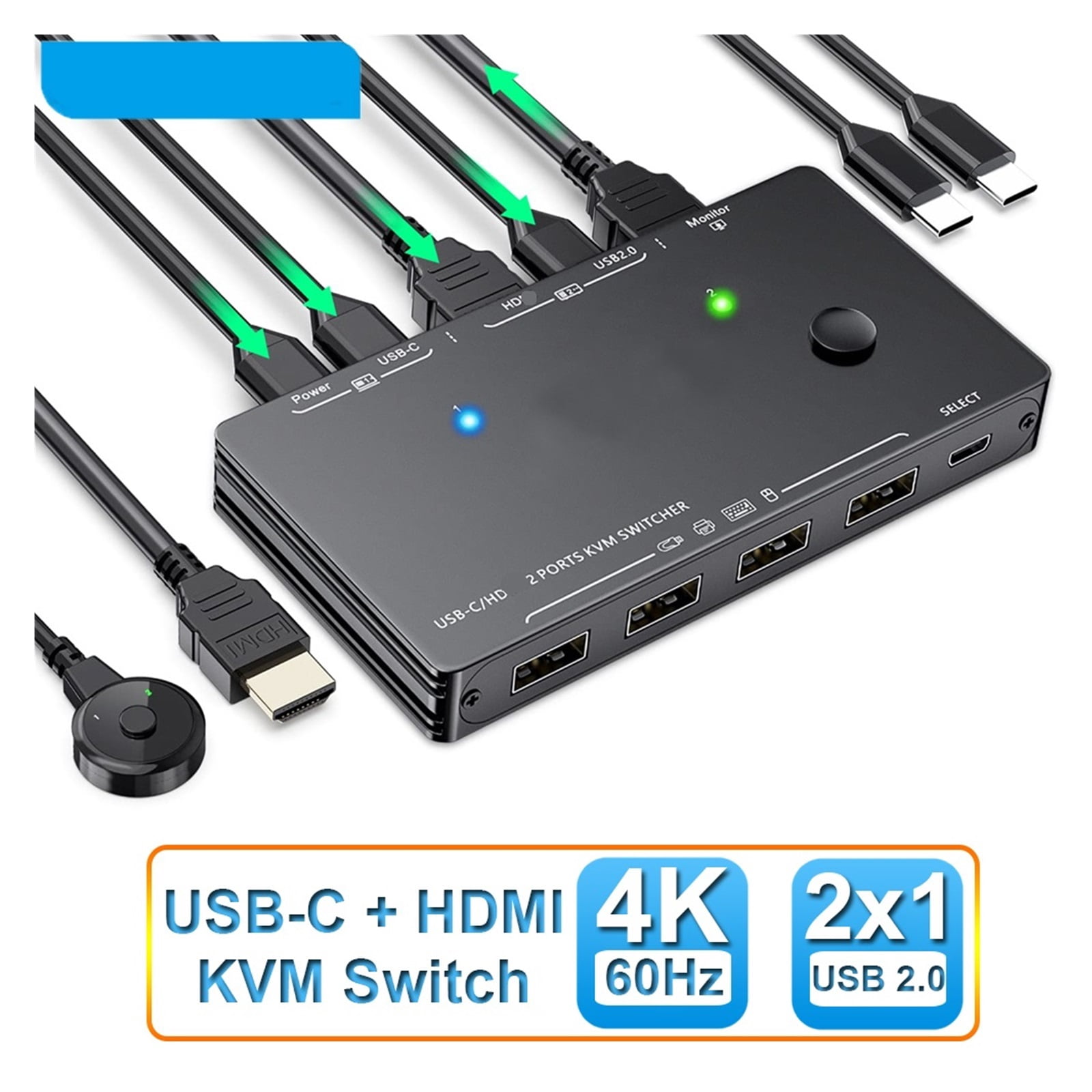 2-Port 4K 60Hz USB-C Hub, Smart KVM Switch for Monitor & Mouse